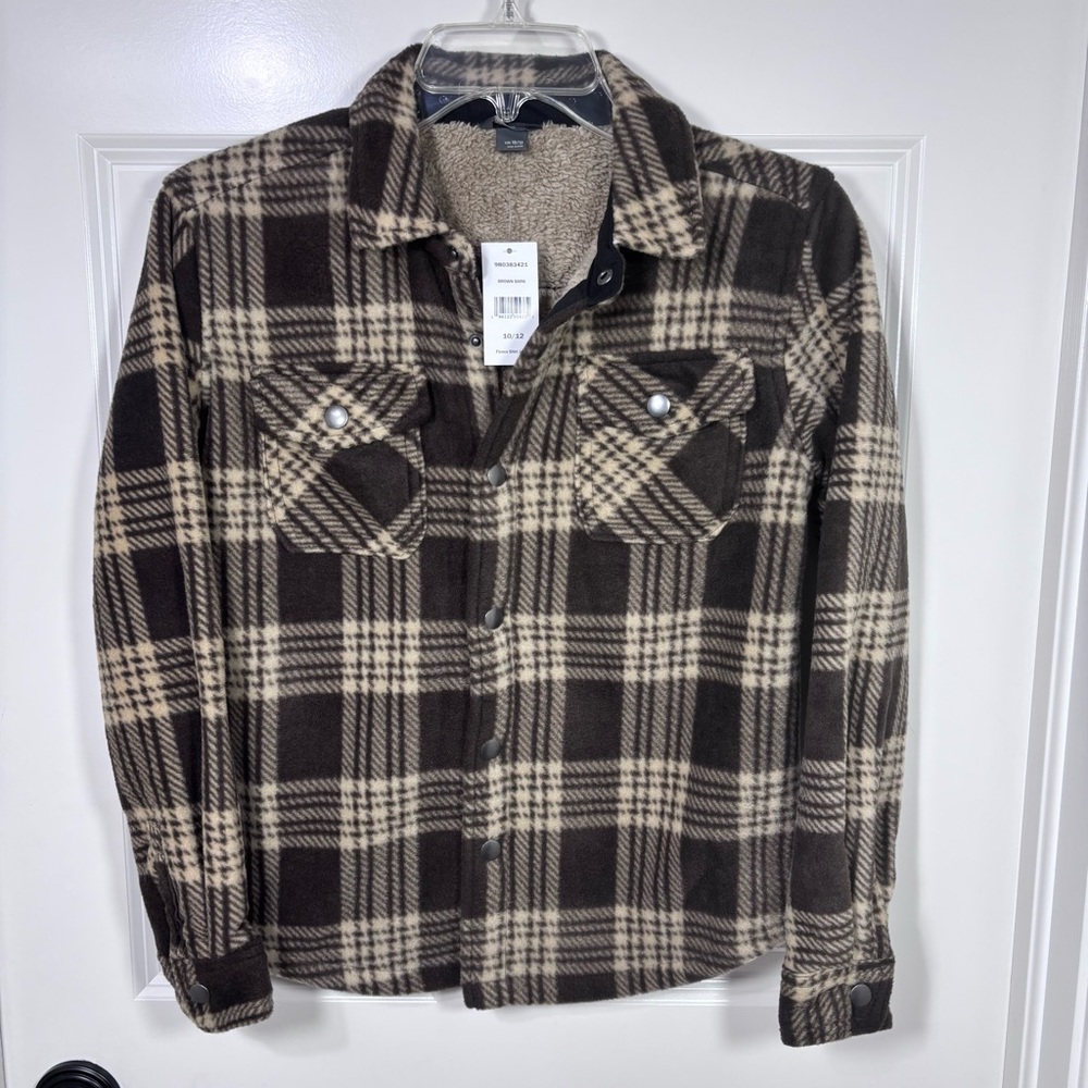 NWT Eddie Bauer Sherpa Lined Snap Front Plaid Shirt Jacket Boy’s M Brown